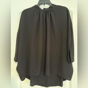 Black High-Neck Tie-Back Blouse – Flowy 3/4 Sleeve Top (Size L)